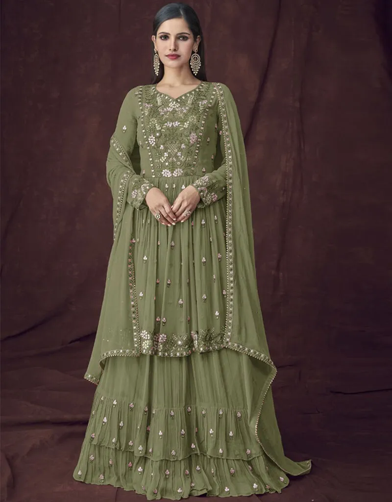 Army Green Lehenga style Suit Faux Georgette