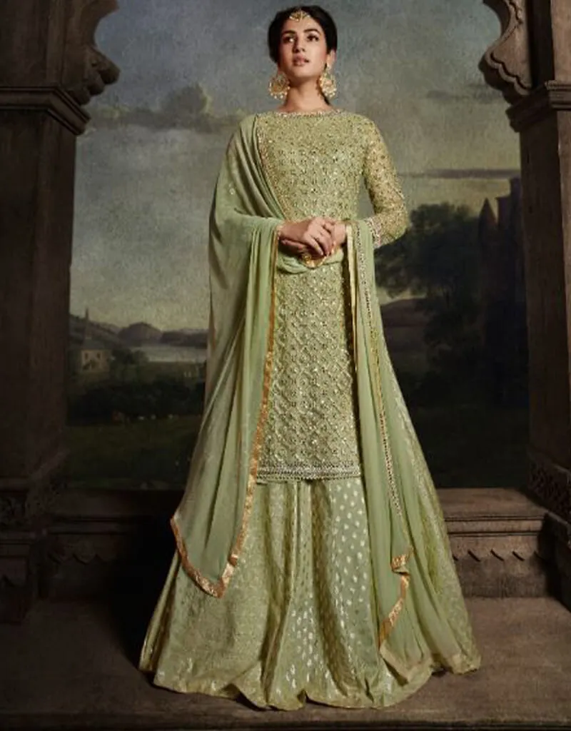 Army Green Net Lehenga Suit