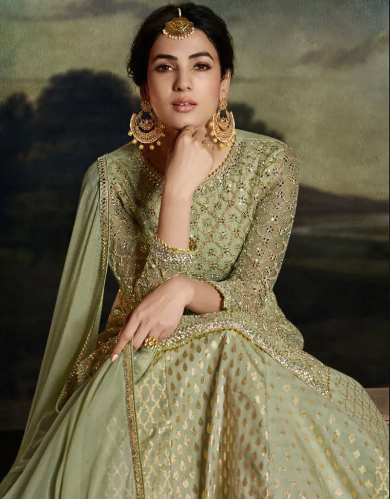 Army Green Net Lehenga Suit