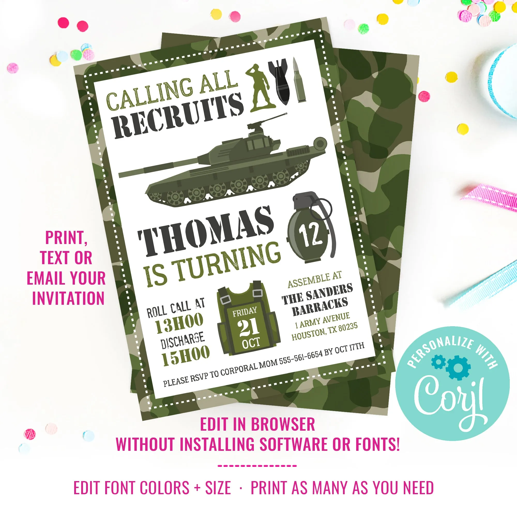 Army Party Invitation | Camo Army Birthday Party Invitation