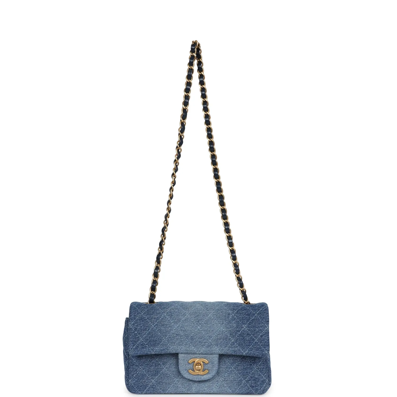 Chanel Mini Rectangular Flap Bag Blue Denim Antique Gold Hardware