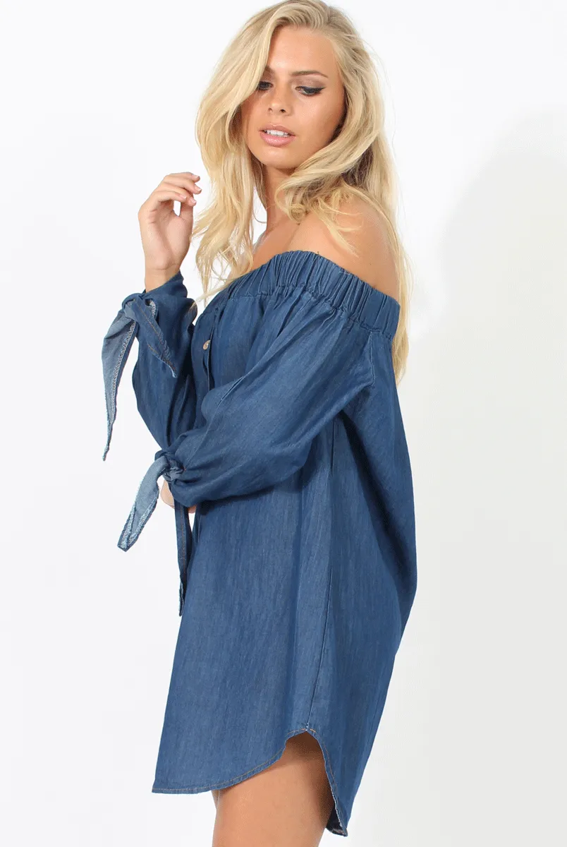 Dark Denim Buttoned Bardot Dress - Adeline