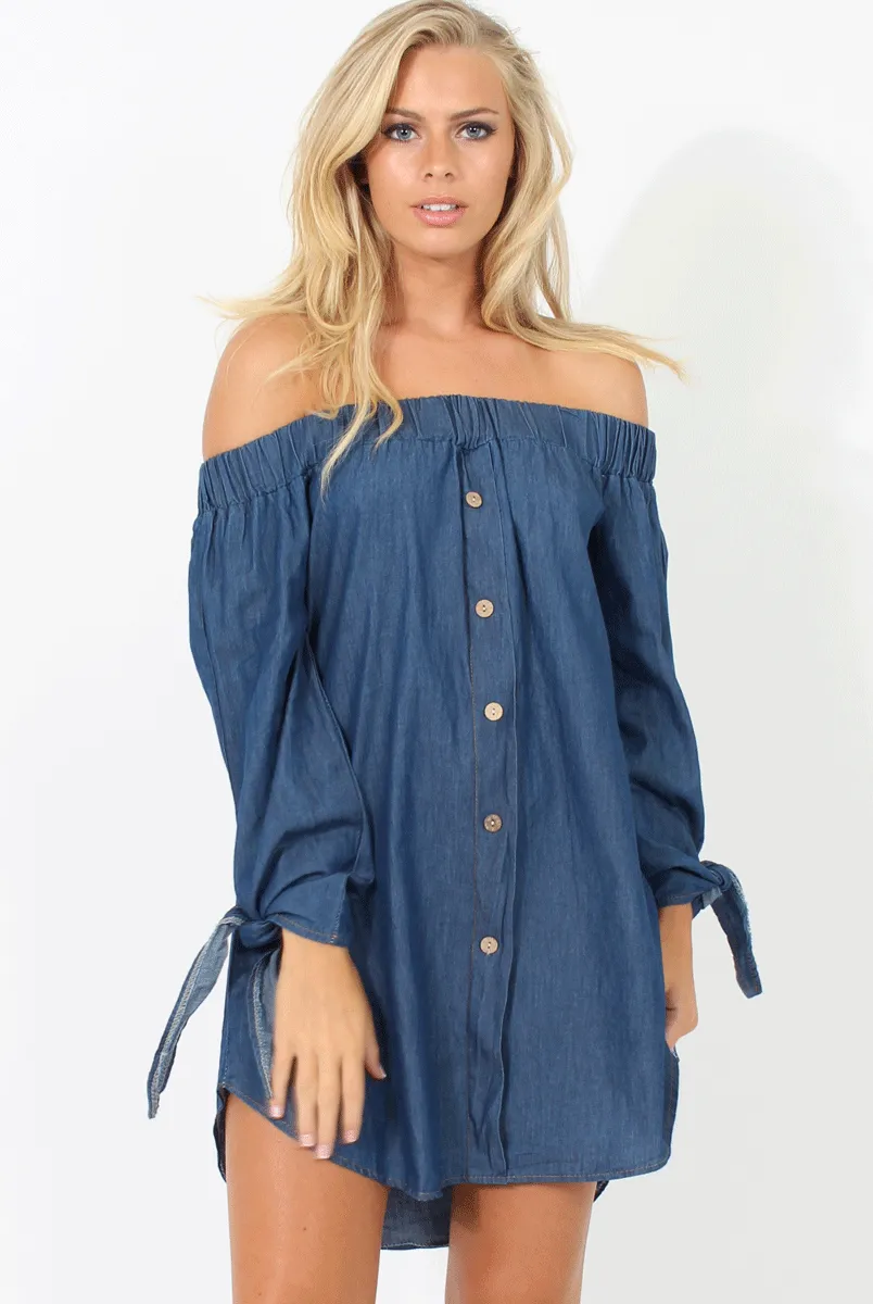 Dark Denim Buttoned Bardot Dress - Adeline