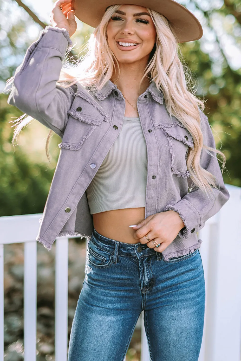 Distressed Flap Pockets Frayed Hemline Denim Jacket