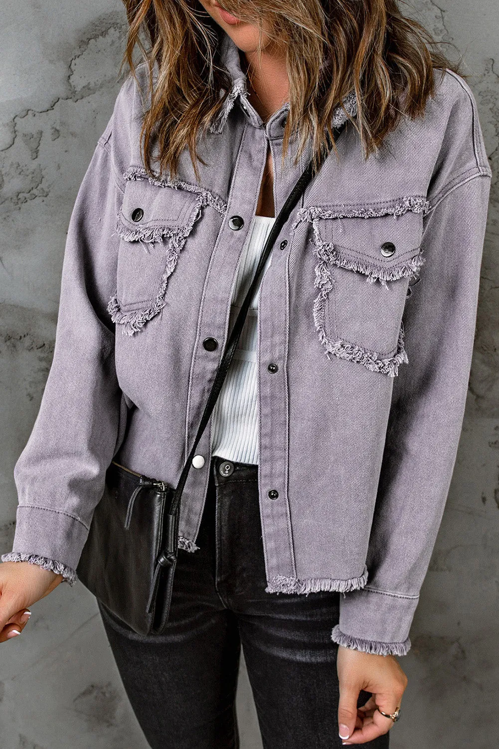 Distressed Flap Pockets Frayed Hemline Denim Jacket