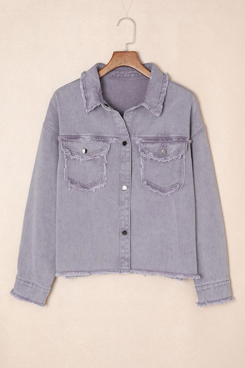 Distressed Flap Pockets Frayed Hemline Denim Jacket