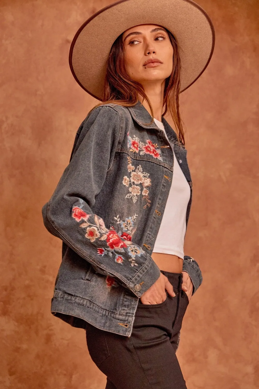 Floral Embroidered Denim Jacket, Charcoal