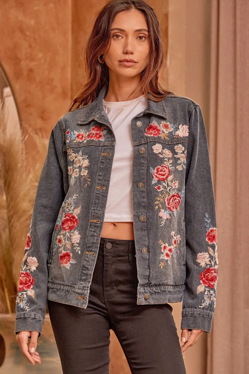 Floral Embroidered Denim Jacket, Charcoal