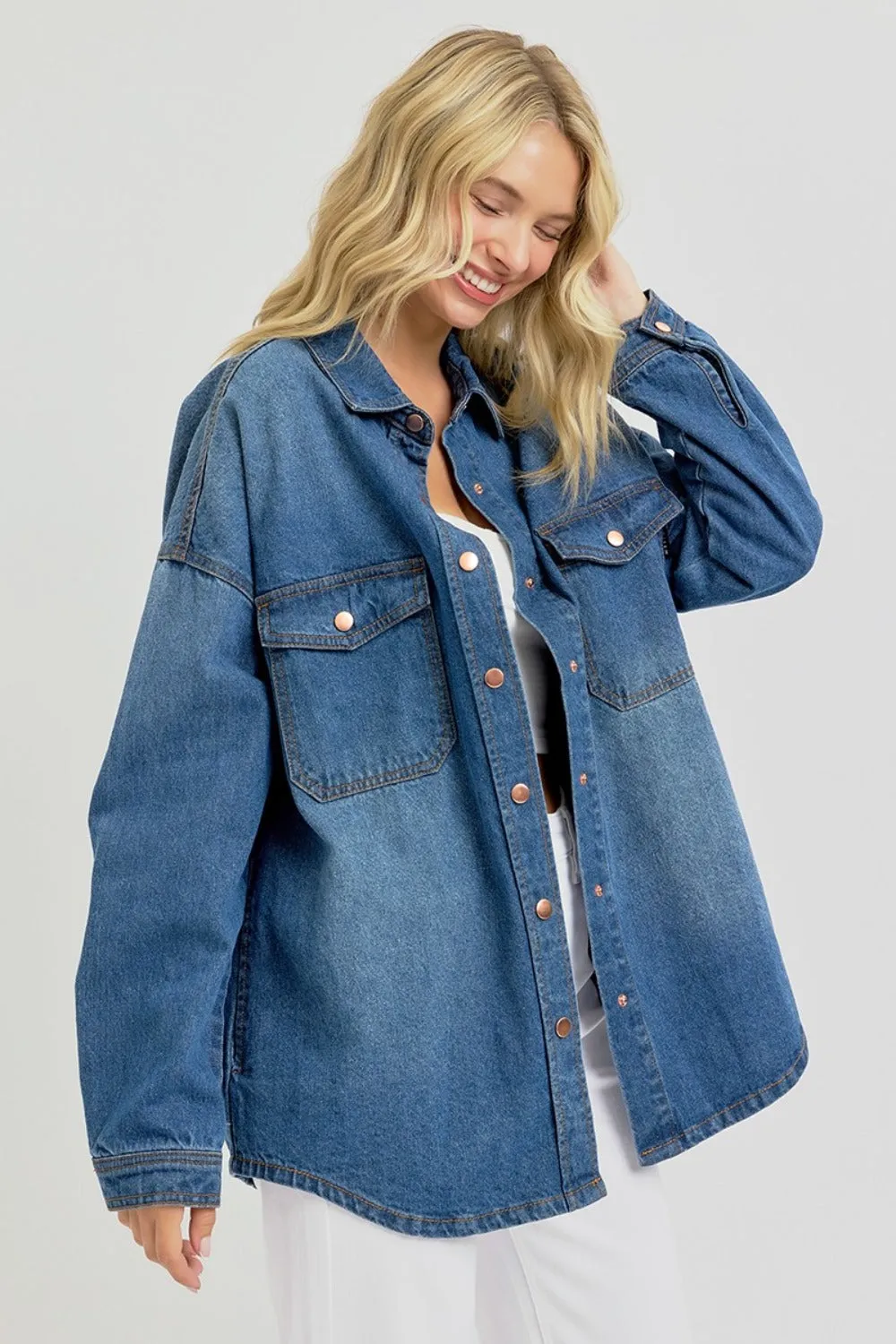 Full Size Snap Button Denim Shacket – Long Sleeve Layering Jacket by Fashion M&J