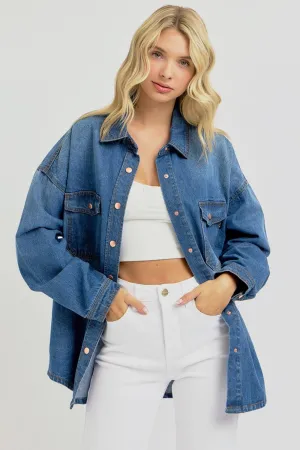 Full Size Snap Button Denim Shacket – Long Sleeve Layering Jacket by Fashion M&J