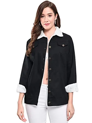 FUNDAY FASHION Cotton Blend Full Sleeve Solid Women Long Jacket (Large, Black)