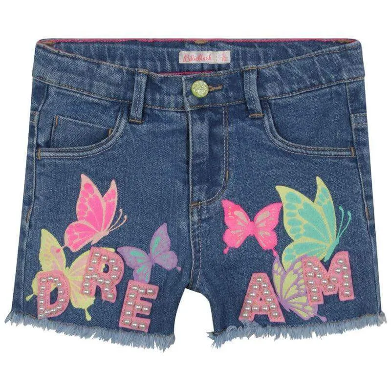 Girls Blue Denim Butterfly Shorts