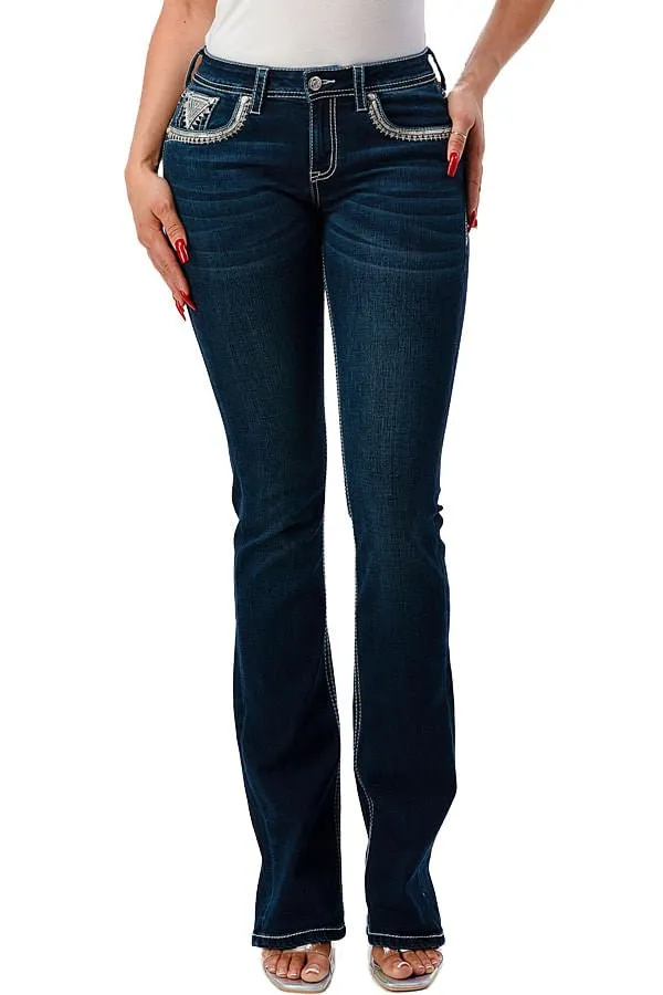 Grace in LA Aztec Embellished Mid Rise Bootcut Jeans