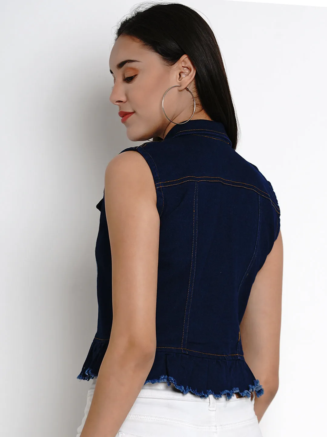 Jashvi Blue Solid Lightweight Crop Denim Jacket