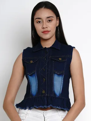 Jashvi Blue Solid Lightweight Crop Denim Jacket