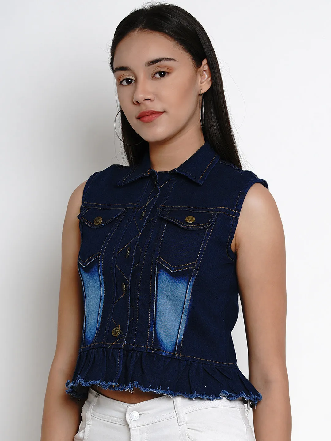 Jashvi Blue Solid Lightweight Crop Denim Jacket