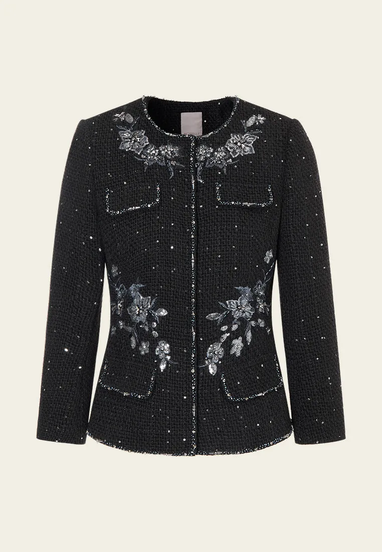 Sequin-detail Embroidered Flap Pocket Jacket