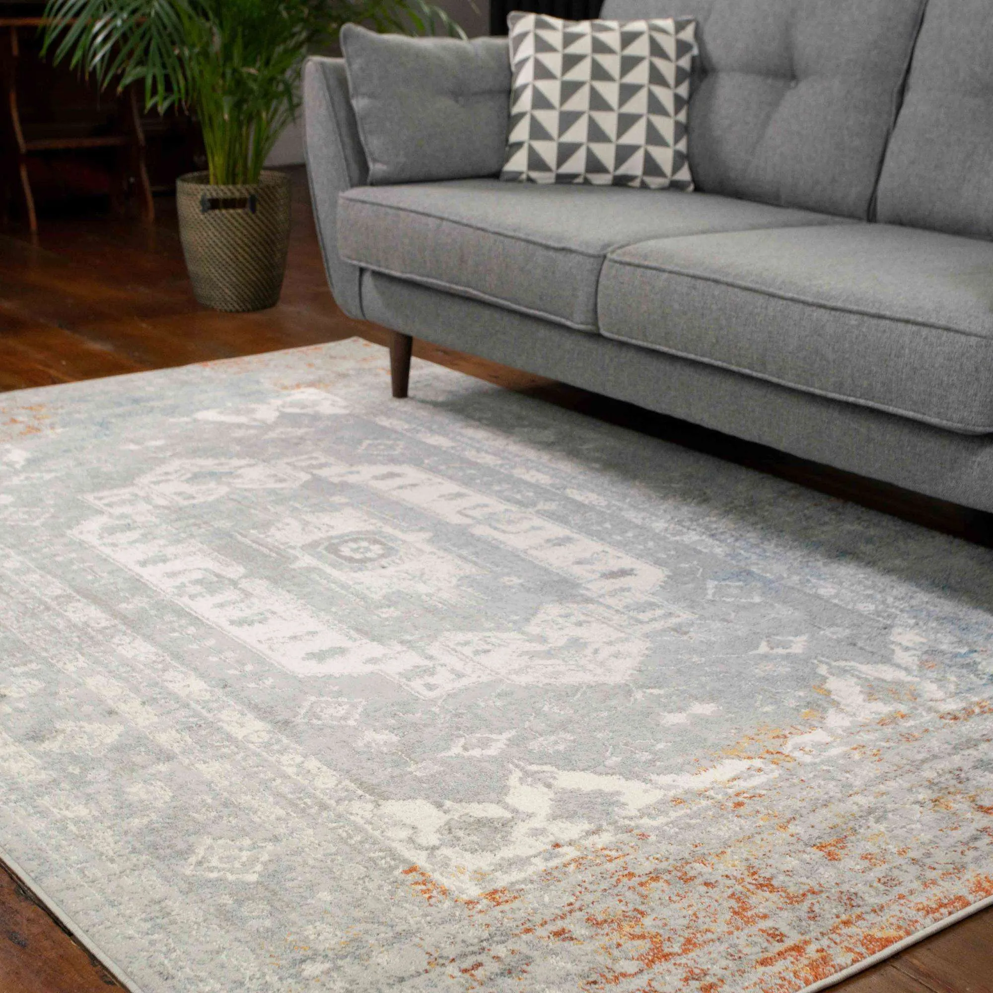 Soft Low Pile Grey Rustic Blue Oriental Living Room Rug