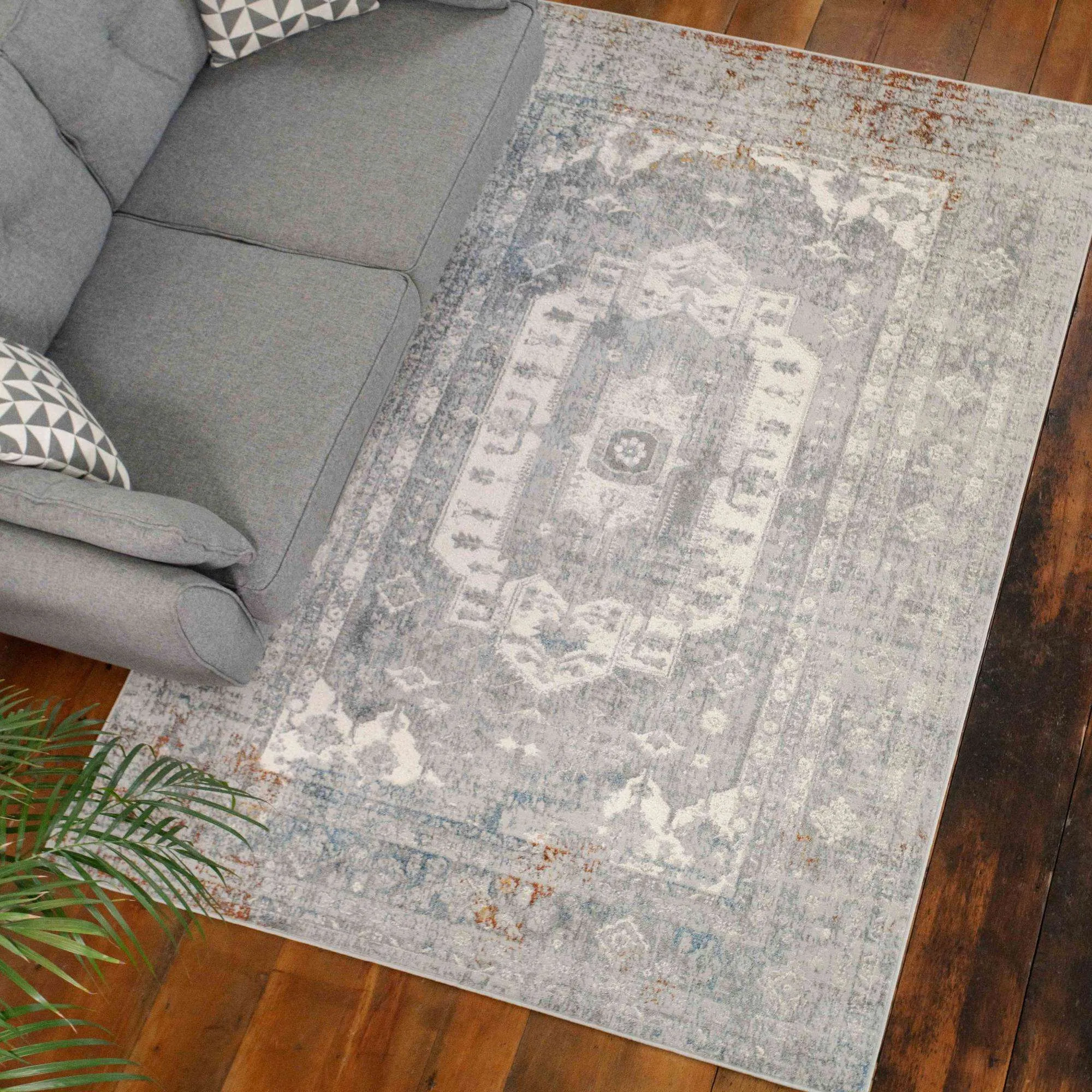 Soft Low Pile Grey Rustic Blue Oriental Living Room Rug