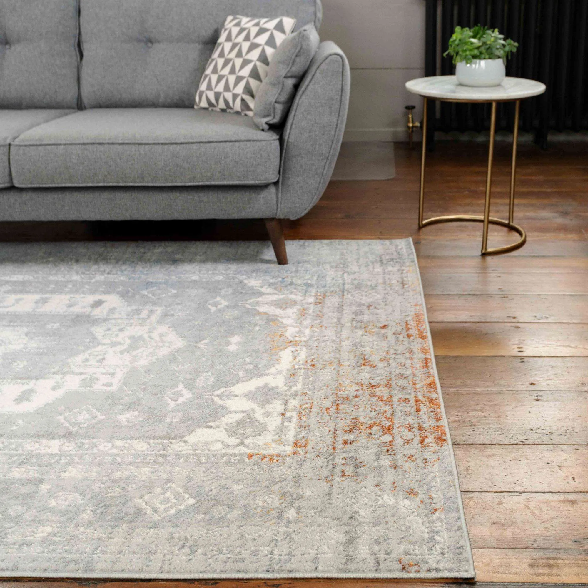 Soft Low Pile Grey Rustic Blue Oriental Living Room Rug