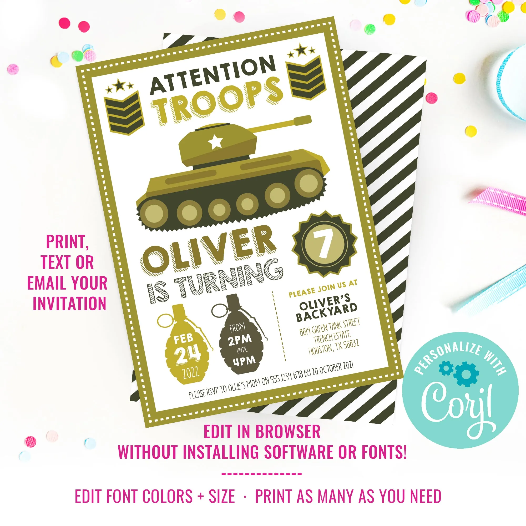 Tank Birthday Party Invitation for Boys | Boys Army Party Invitation