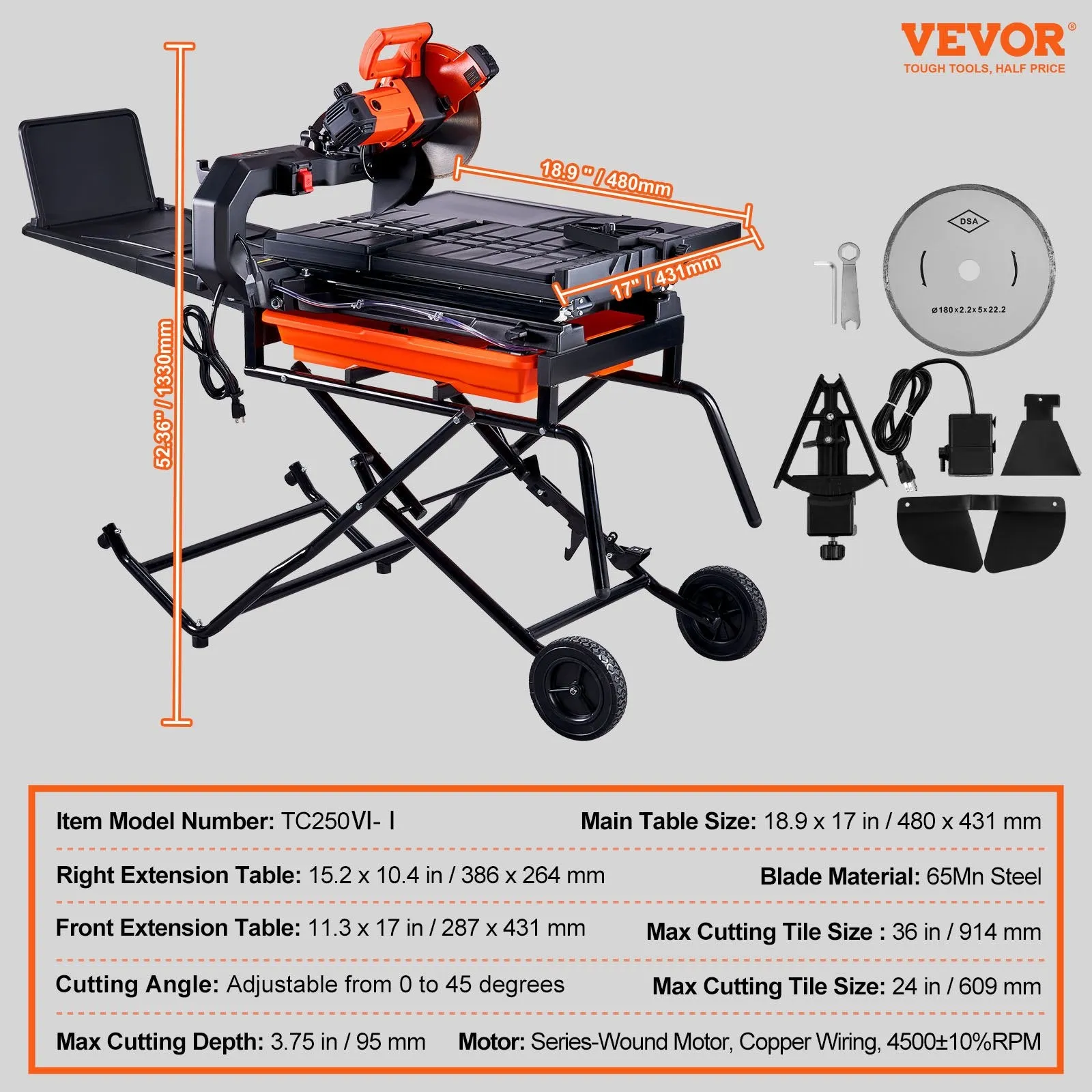 Vevor Wet Tile Saw with Stand 10-inch Steel Blade 4500 RPM 0-45° Cutting Angle New