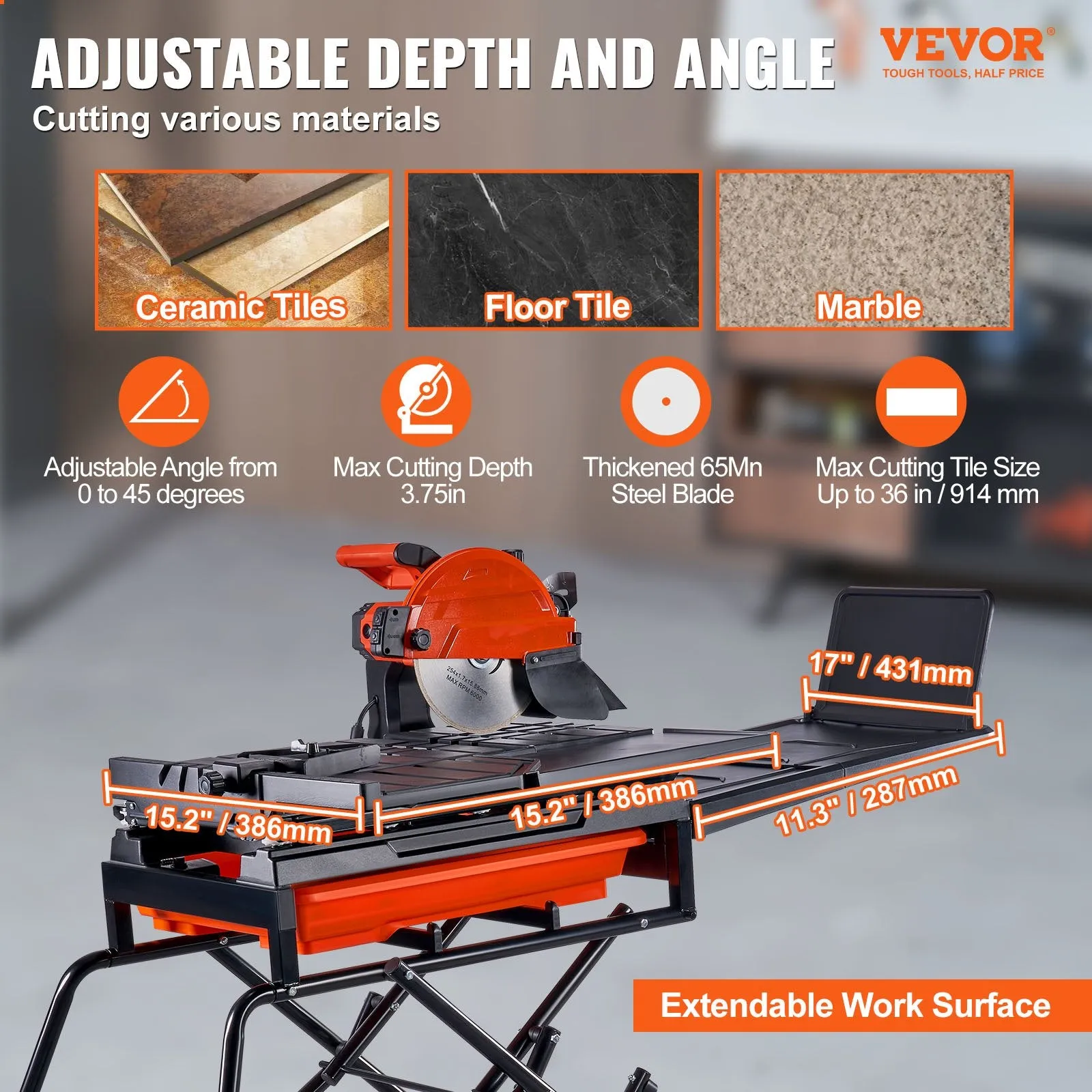 Vevor Wet Tile Saw with Stand 10-inch Steel Blade 4500 RPM 0-45° Cutting Angle New