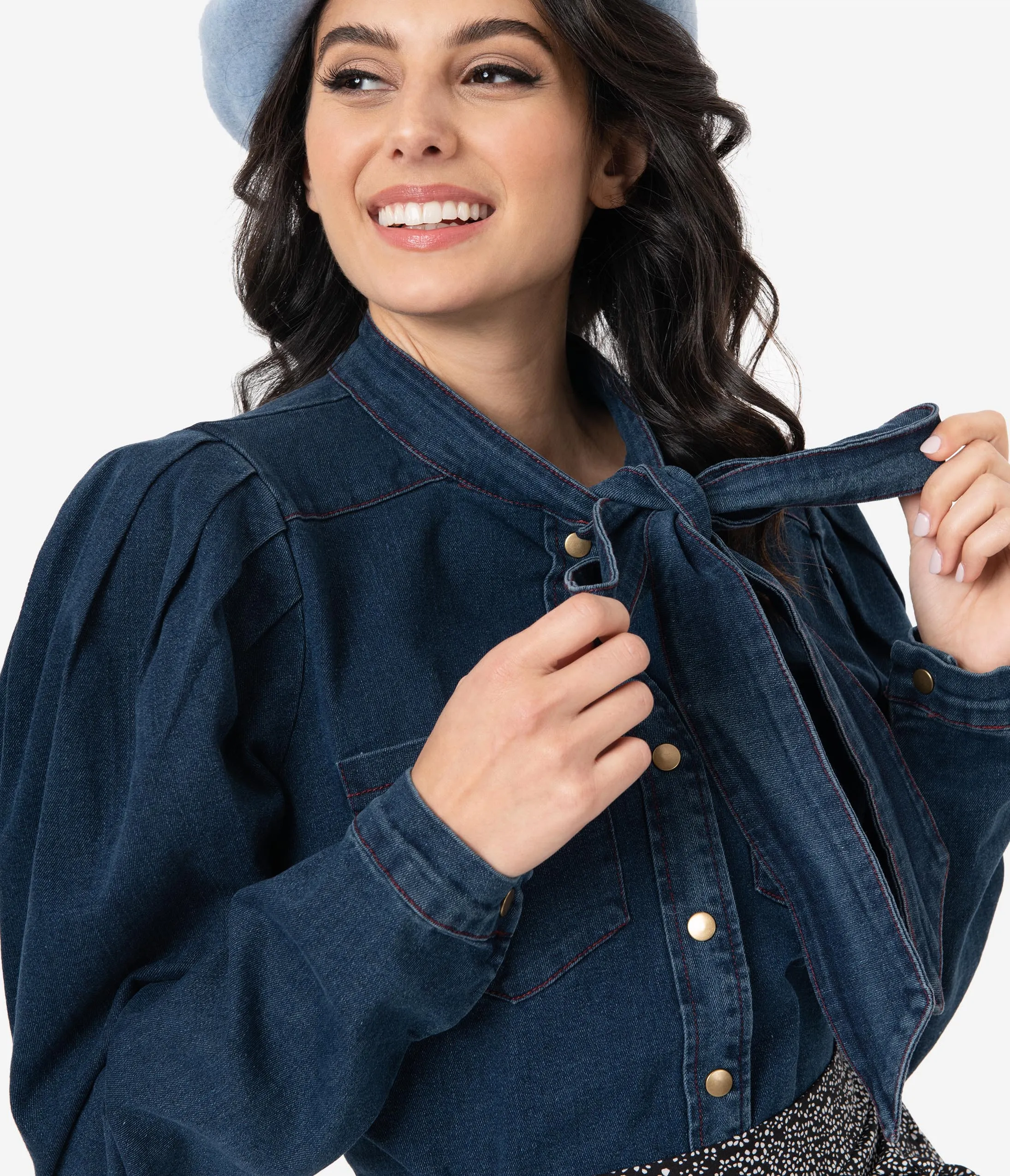 Vintage Style Dark Blue Puff Sleeve Jean Blouse