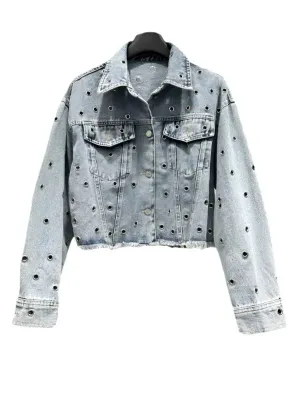 Wenkouban-Winter outfits Christmas Black Friday Metal Eyelet Washed Blue Short Ripped Denim Jacket