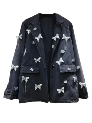 Wenkouban-Winter outfits Christmas Black Friday Notched Collar Rhinestone Butterfly Oversized Denim Jacket